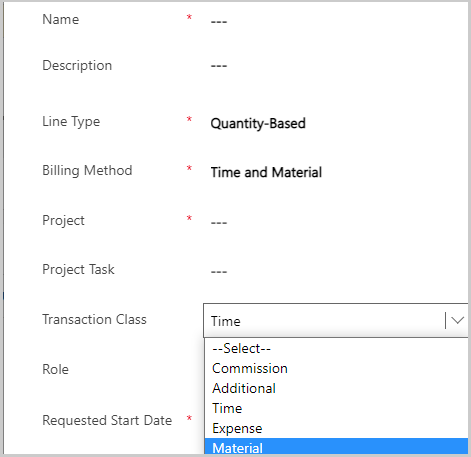 Screenshot der Fremdarbeitdetails mit Optionen für die Transaktionsklasse.