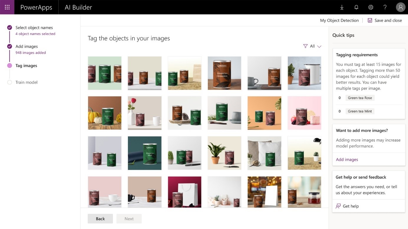 Das AI Builder-Dashboard zeigt „Meine Objekterkennung“ mit 4 ausgewählten Objektnamen, 948 hinzugefügten Bildern und der Bereitschaft zum Markieren von Objekten in Bildern an