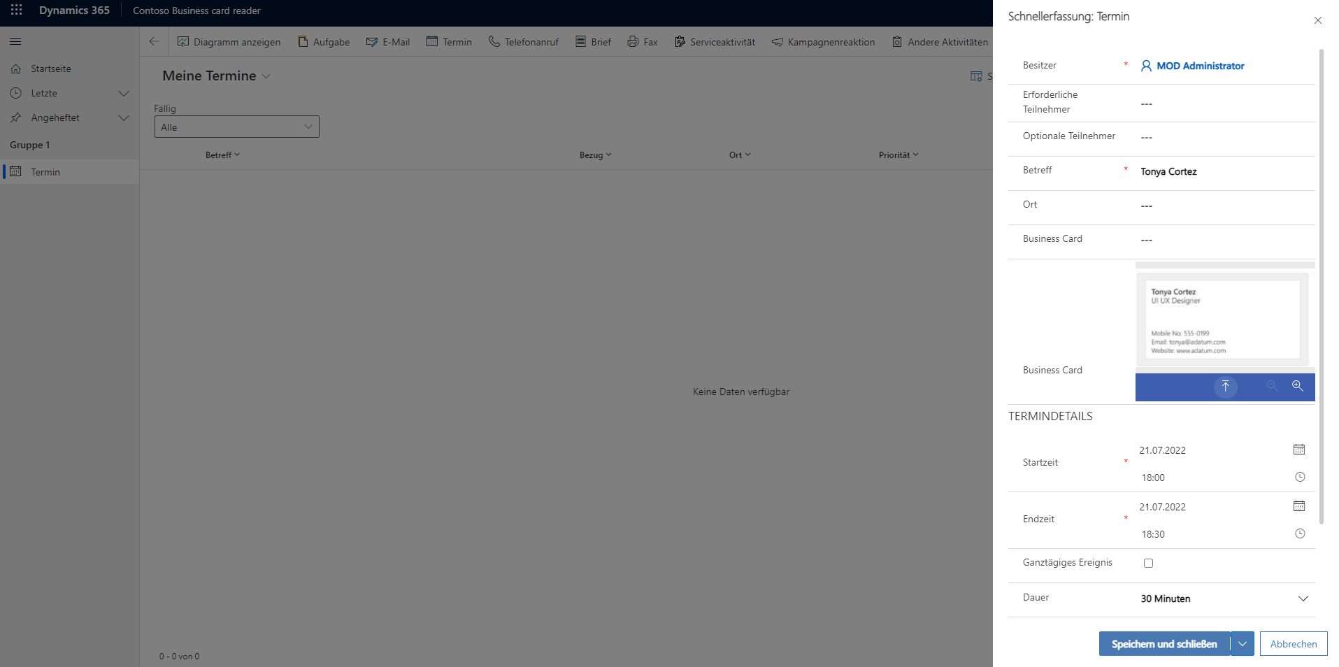 Screenshot des ausgefüllten Formulars zum schnellen Erstellen eines Termins mit der Schaltfläche „Speichern und schließen“ unten