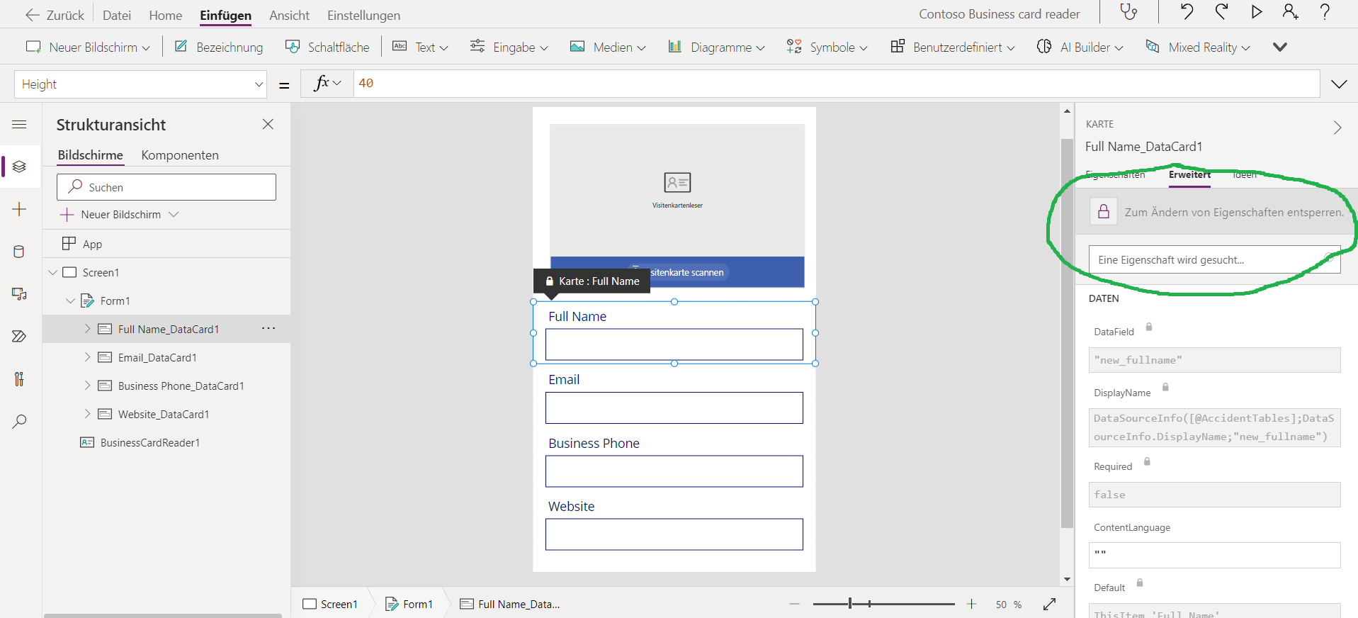 Screenshot der Registerkarte „Erweitert“ mit eingekreister Option „Entsperren“ zum Ändern von Eigenschaften