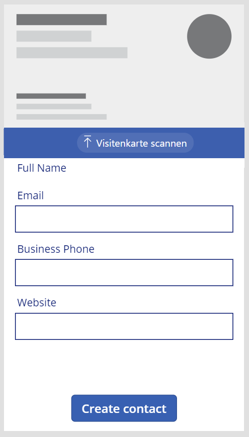 Ein Screenshot des Scan-Visitenkartenformulars mit den Feldern Vollständiger Name, E-Mail, Geschäftstelefon und Website sowie der Schaltfläche „Kontakt erstellen“