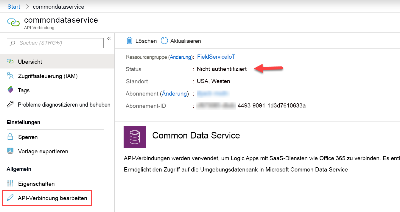 Screenshot von „API-Verbindung bearbeiten“ und des Status „Nicht authentifiziert“