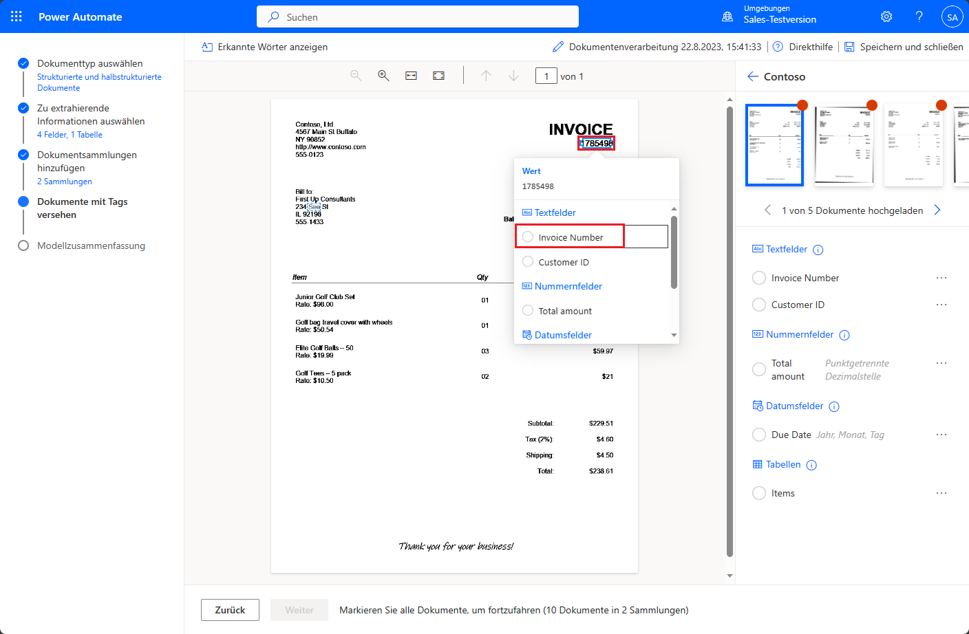 Screenshot der Power Automate-Seite „Dokumente markieren“ mit dem Zeichnen eines Rechteckes um ein Feld