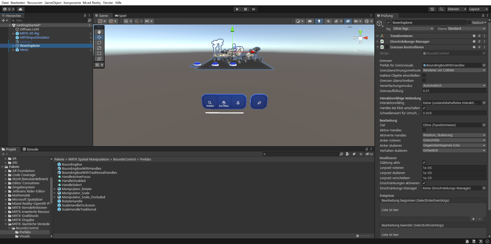 Screenshot of Unity with RoverExplorer object selected and the Bounds Visuals Prefab field configured.