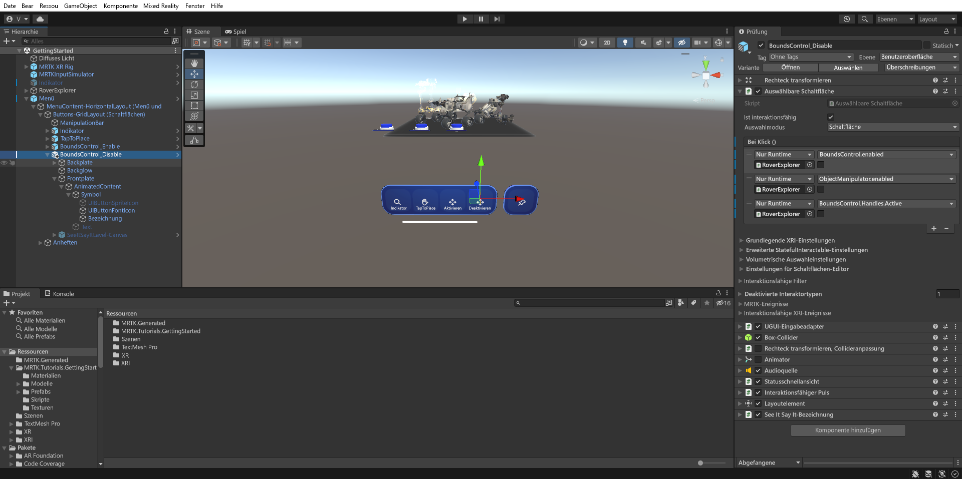 Screenshot of Unity with BoundsControl_Disable button object selected and Button Config Helper component configured.