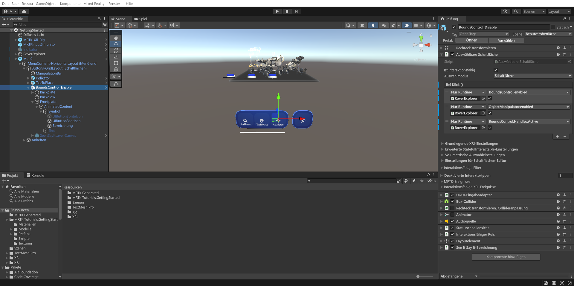 Screenshot of Unity with BoundsControl_Enable button object selected and Button Config Helper component configured.