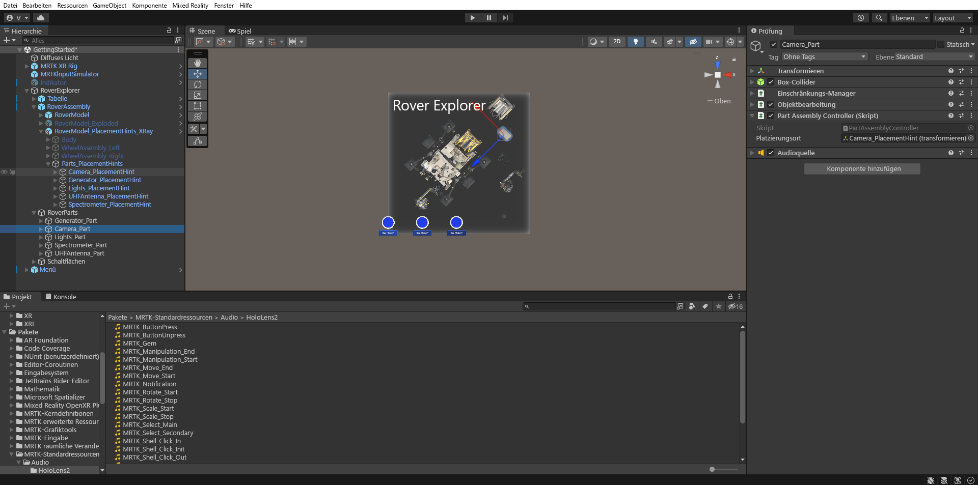 Screenshot of Unity with Camera_Part PartAssemblyController component configured.