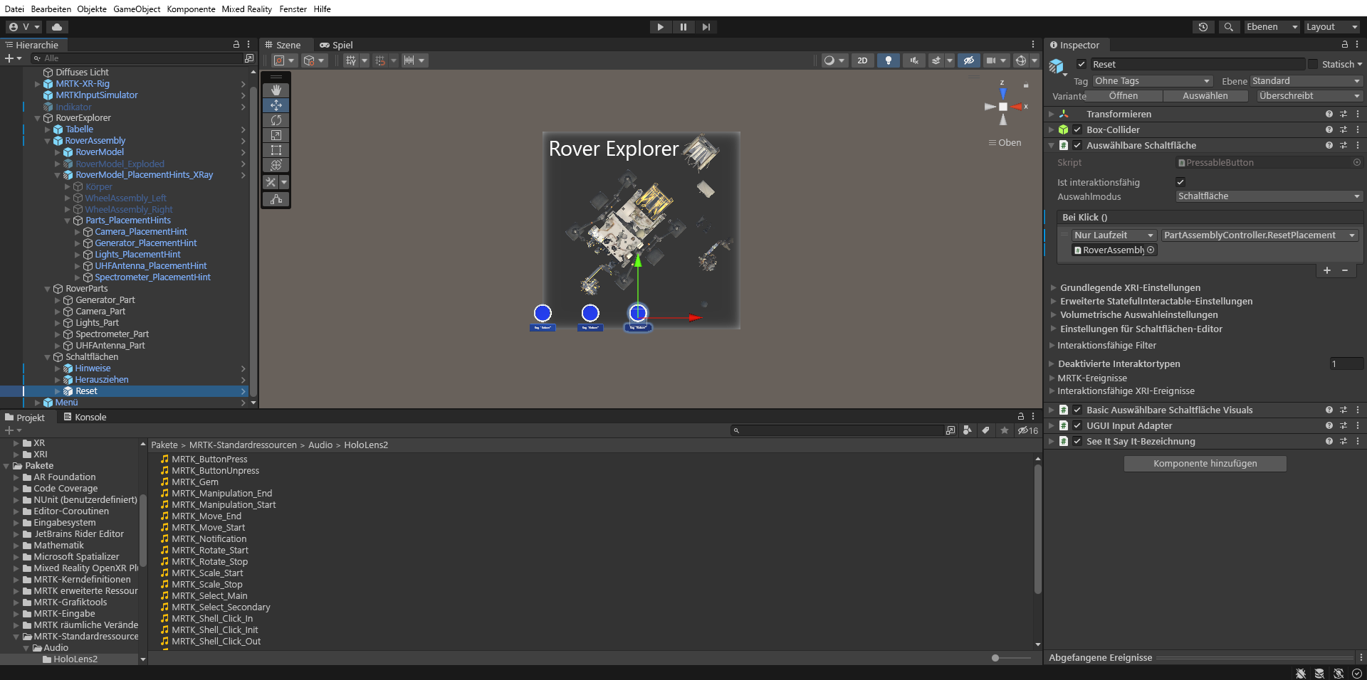 Screenshot of Unity with Reset button object OnClick event configured.