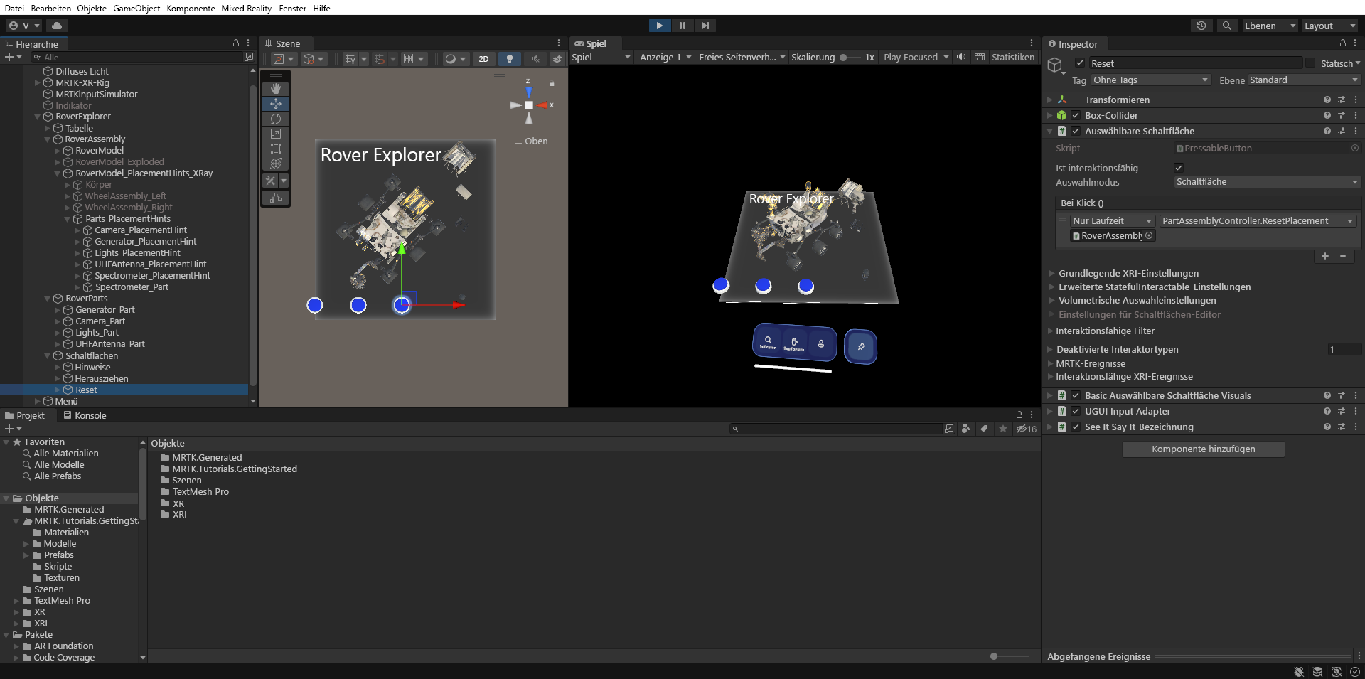 Screenshot of Unity Play mode split view with Reset button being pressed.
