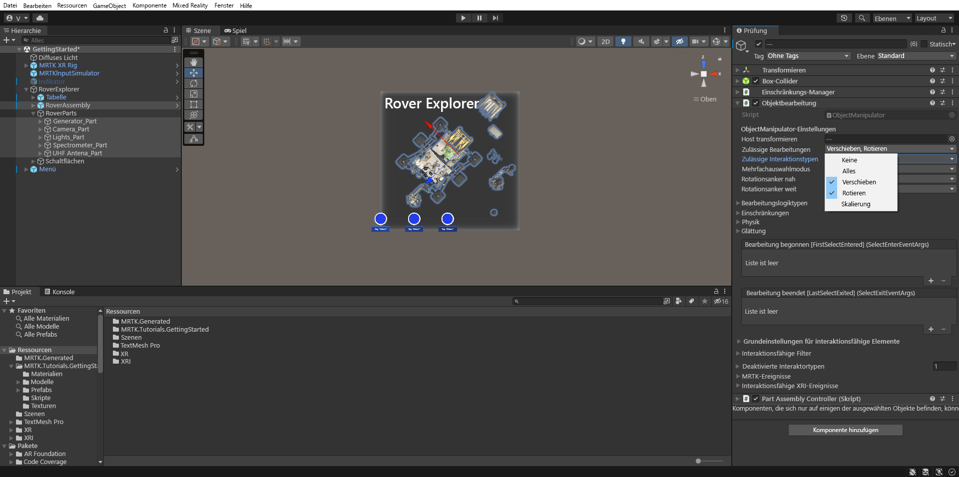 Screenshot of Unity with Two Handed Manipulation Type configured.