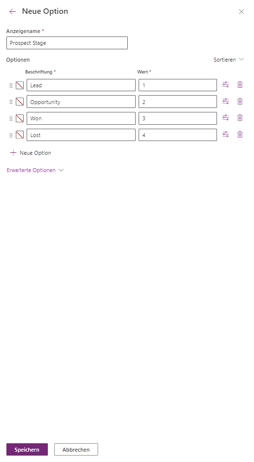 Screenshot des neuen Auswahlbereichs mit vier eingegebenen Auswahlmöglichkeiten