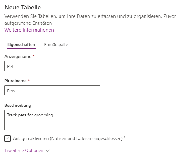 Screenshot mit dem neuen Tabellenbereich für Haustiere.