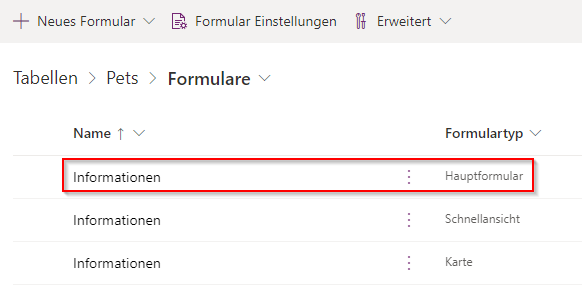 Screenshot der Liste der Formulare für die Pet-Tabelle mit hervorgehobenem Hauptformular