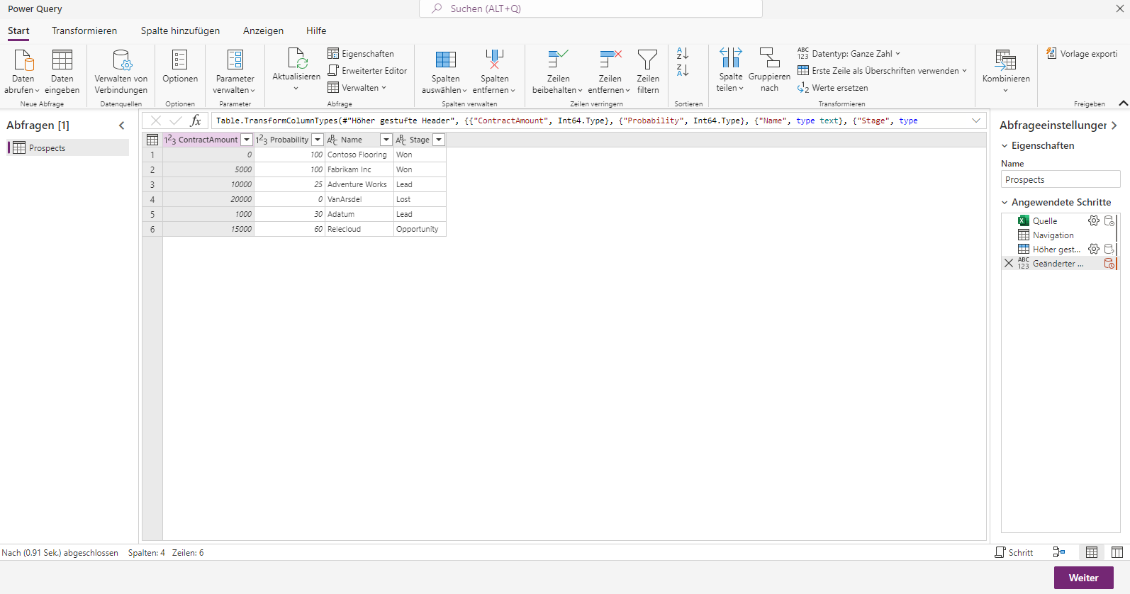 Screenshot des Power Query-Fensters mit den Optionen zur Gestaltung der Daten