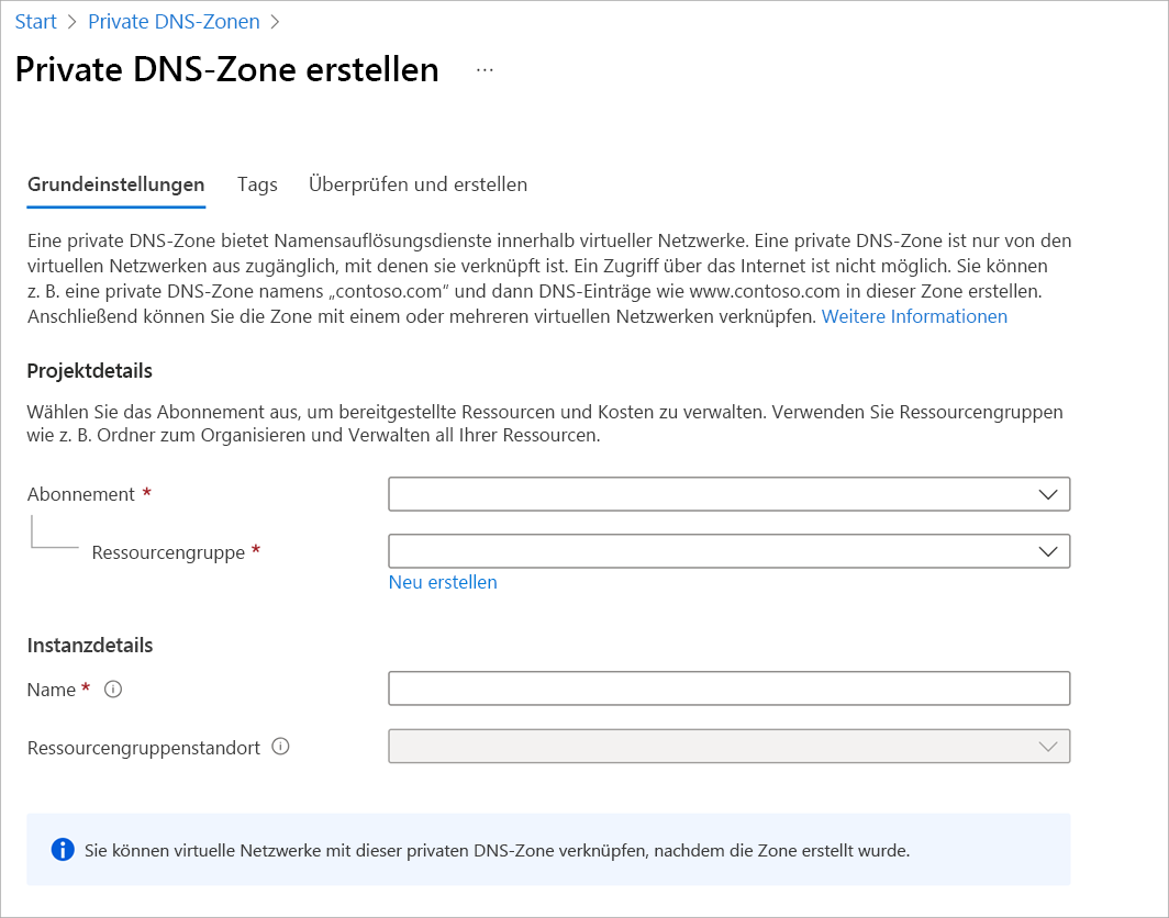 Screenshot of the Create Private DNS zone page.