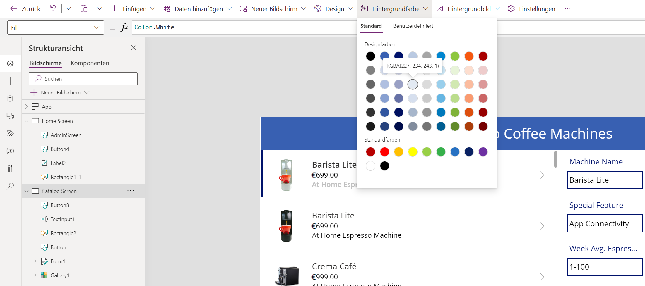 Screenshot der Hintergrundfarbenpalette