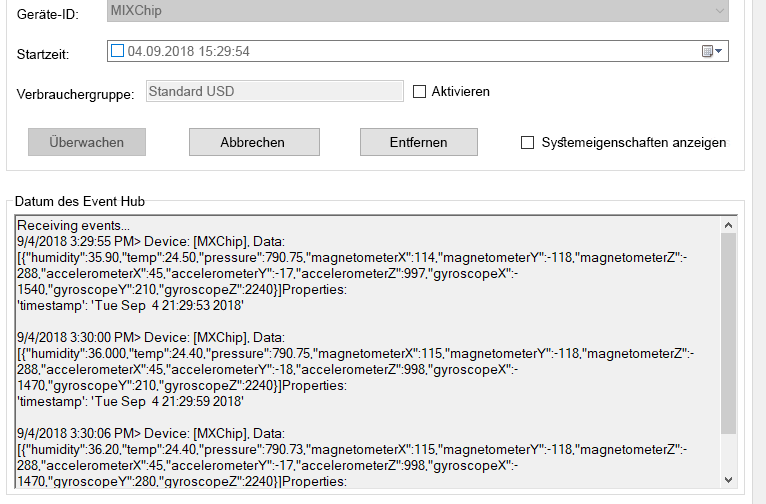 Screenshot der Sensordaten Ihres Geräts im JSON-Format
