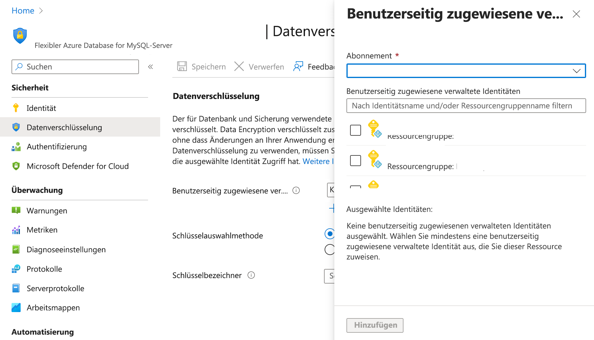 Screenshot des Dialogfelds zum Auswählen einer vom Benutzer zugewiesenen verwalteten Identität.