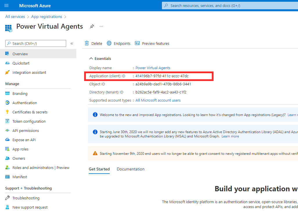 Screenshot der Microsoft Azure Microsoft Copilot Studio-Übersicht mit hervorgehobenem Anwendungs-Client-ID-Wert