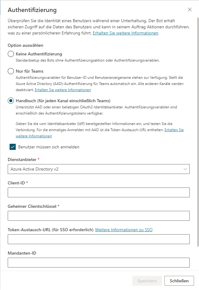 Screenshot des Dialogfensters Authentifizierung mit ausgewählter manueller Auswahl und ausgefülltem Dienstanbieter