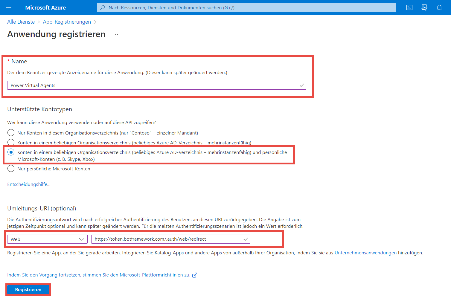 Screenshot von Microsoft Azure auf der Seite „Anwendung registrieren“ mit eingetragenem Namen, ausgewählten Konten in einem beliebigen Organisationsverzeichnis und festgelegter Umleitungs-URI