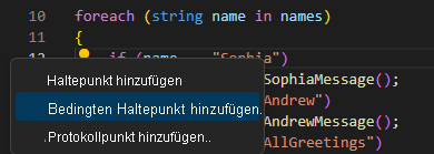 Screenshot mit Optionen zum Festlegen von bedingten Haltepunkten im Visual Studio Code-Editor.