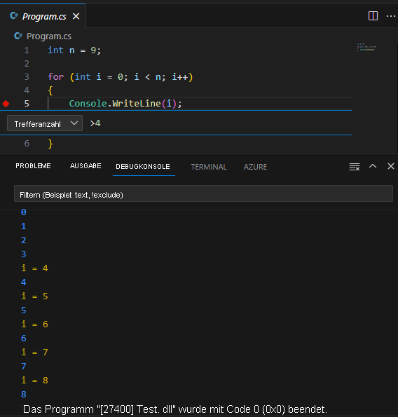 Screenshot: Ausgabe eines Haltepunkts für eine Protokollpunktmeldung kombiniert mit der Trefferanzahl.
