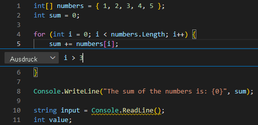 Screenshot: Ausdruck eines bedingten Haltepunkts im Visual Studio Code-Editor