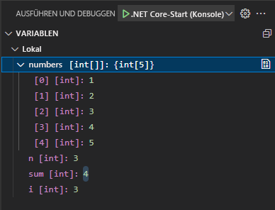 Screenshot mit erweiterten Arrayelementen im Abschnitt 