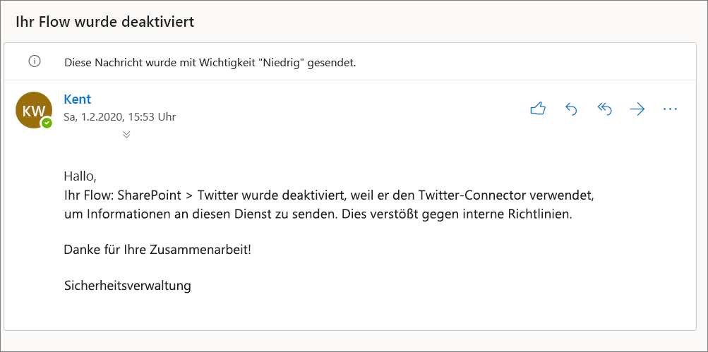 Screenshot der E-Mail mit dem Betreff „Ihr Flow wurde deaktiviert“ und der Nachricht „Ihr Flow: SharePoint > Twitter wurde deaktiviert usw.“