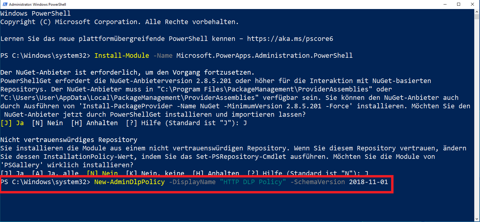 Screenshot der PowerShell HTTPDLP-Richtlinie
