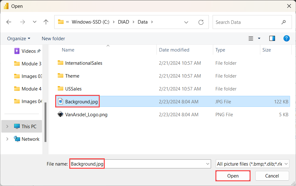 Screenshot der ausgewählten Datei „Background“ im Dialogfeld mit dem Dateibrowser.