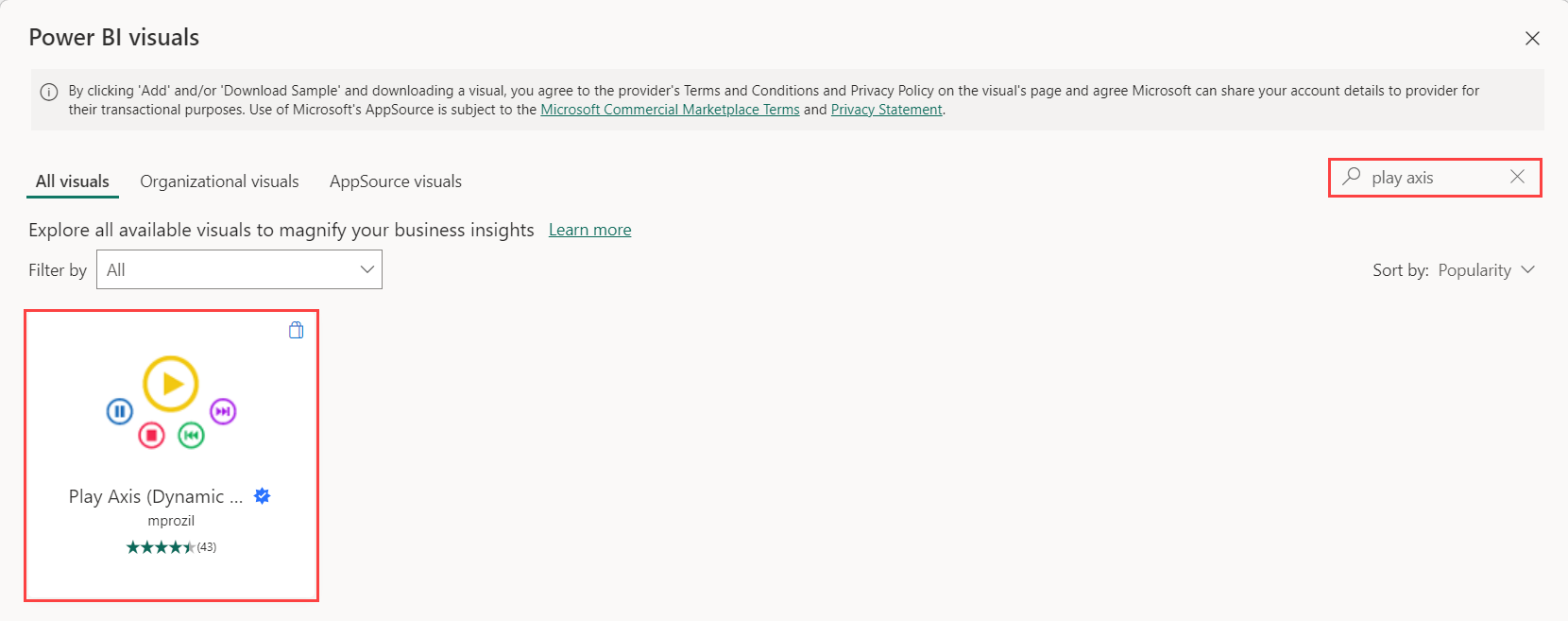 Screenshot, auf dem das Visual „Play Axis“ im Dialogfeld mit den Power BI-Visuals hervorgehoben wird.
