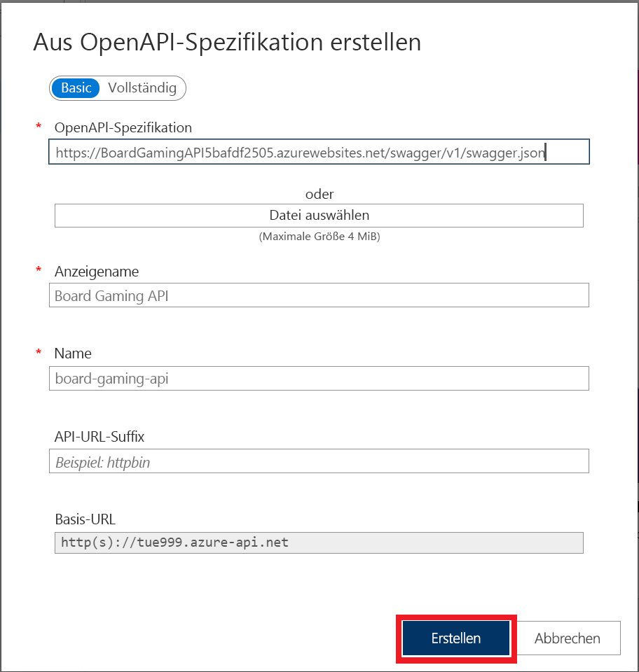 Screenshot that shows how to configure an OpenAPI specification in the portal.