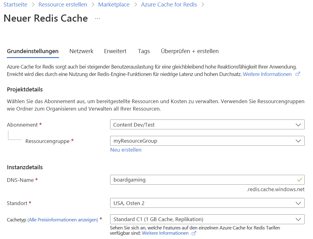 Screenshot that shows the form that's used to create a new Redis cache.