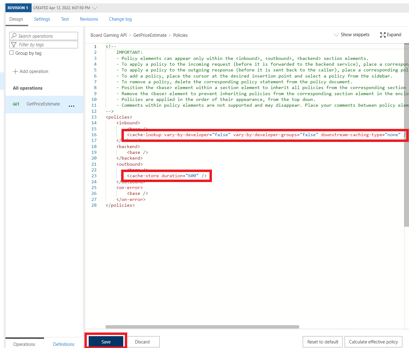 Screenshot that shows a policy editor with caching policies.