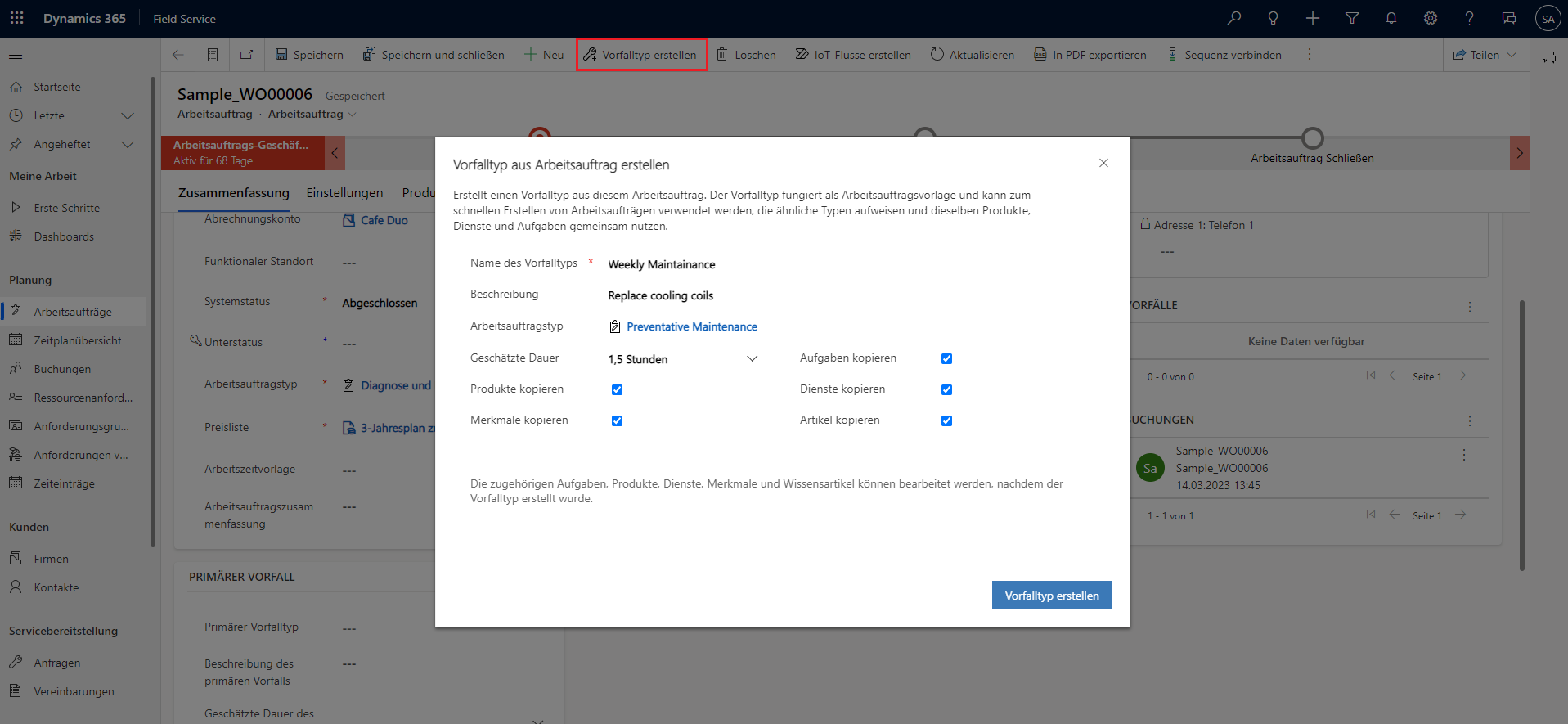 Screenshot von „Vorfalltyp erstellen“ des Dialogfelds „Arbeitsauftrag erstellen“