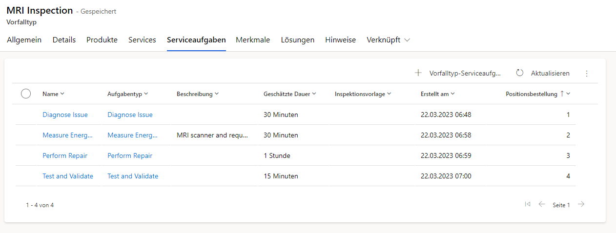 Screenshot der Registerkarte „Serviceaufgaben“ auf einem Vorfalltypformular