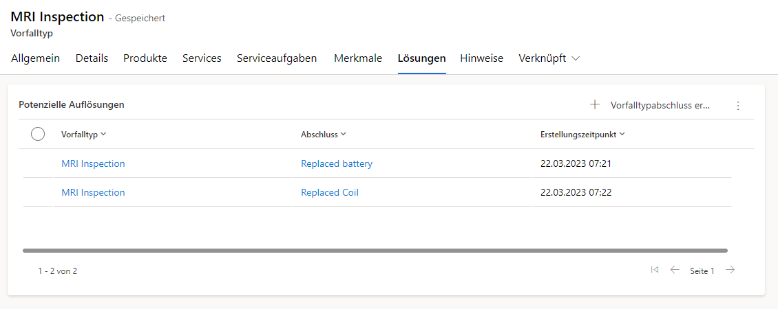 Screenshot der Registerkarte „Abschlüsse“ auf einem Vorfalltypformular