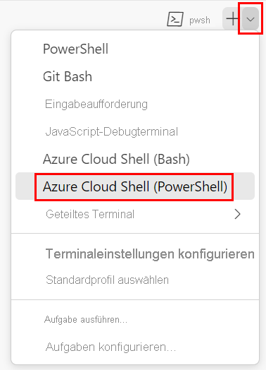 Screenshot des Terminalfensters von Visual Studio Code mit der Dropdown-Liste der Terminal-Shell und der Auswahl von PowerShell.