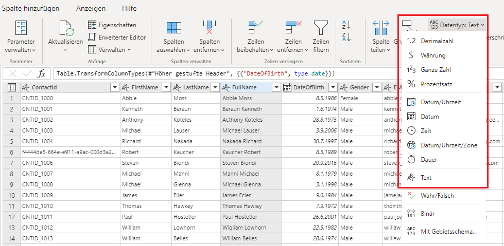 Screenshot der Liste „Datentyp“