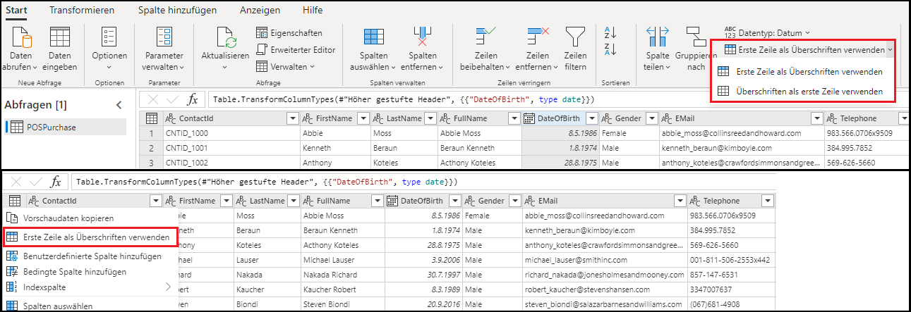 Screenshot der Optionen zum Umwandeln von Kopfzeilen