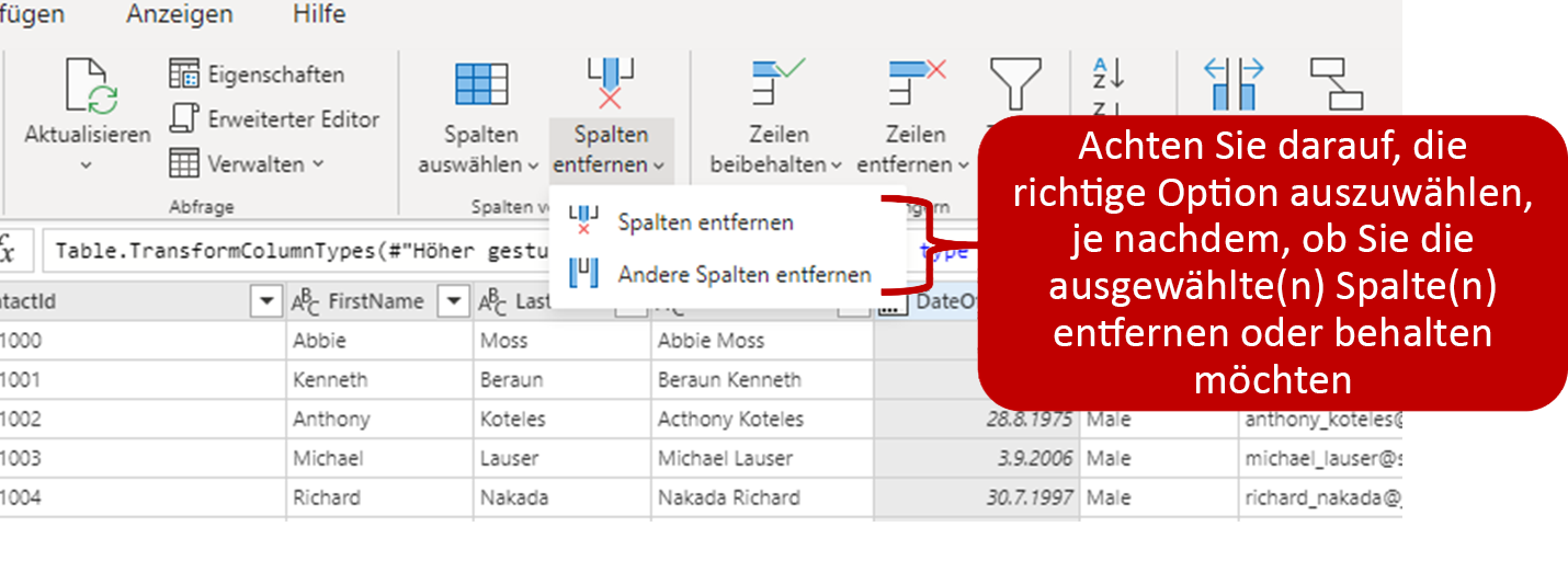 Screenshot der Optionen zum Entfernen von Spalten