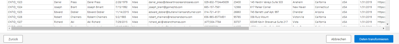 Screenshot der Schaltfläche „Daten transformieren“.