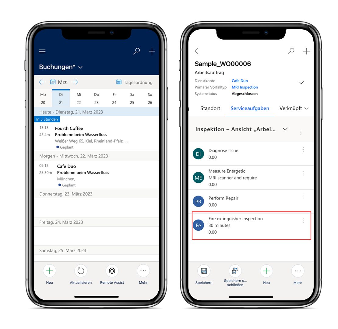 Screenshot von Serviceaufgaben in der mobilen App