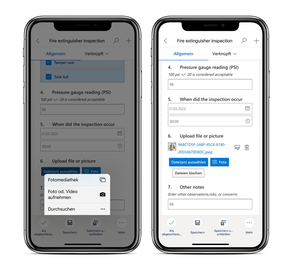 Screenshot vom Hochladen der Datei im Inspektionsformulars in der mobilen App