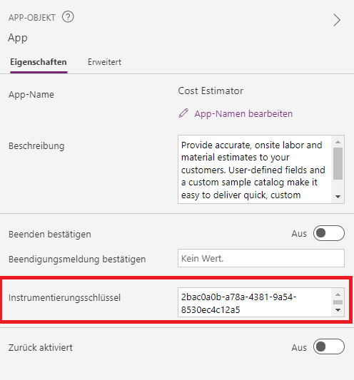 Screenshot des in die Eigenschaften eingefügten Instrumentationsschlüssels