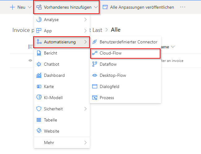 Screenshot von „Vorhandene Schritte hinzufügen“