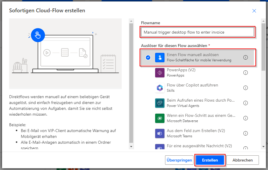 Screenshot des ausgefüllten Felds „Flowname“ und der ausgewählten Option „Flow manuell auslösen“