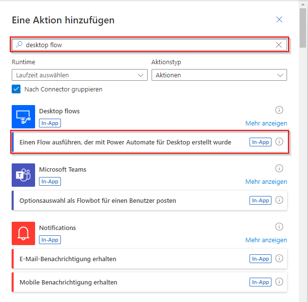 Screenshot der Aktion „Power Automate für Desktop ausführen“